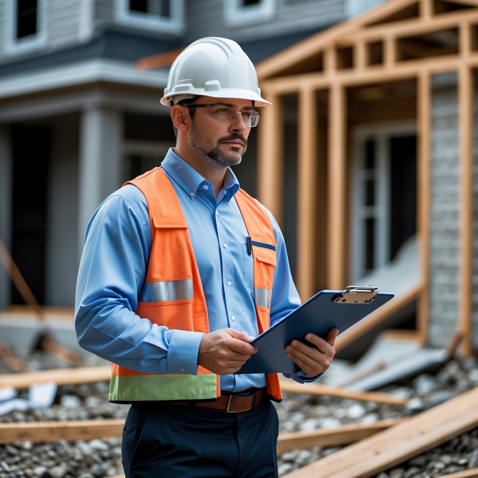 Professional insurance adjuster inspecting structural damage at construction site