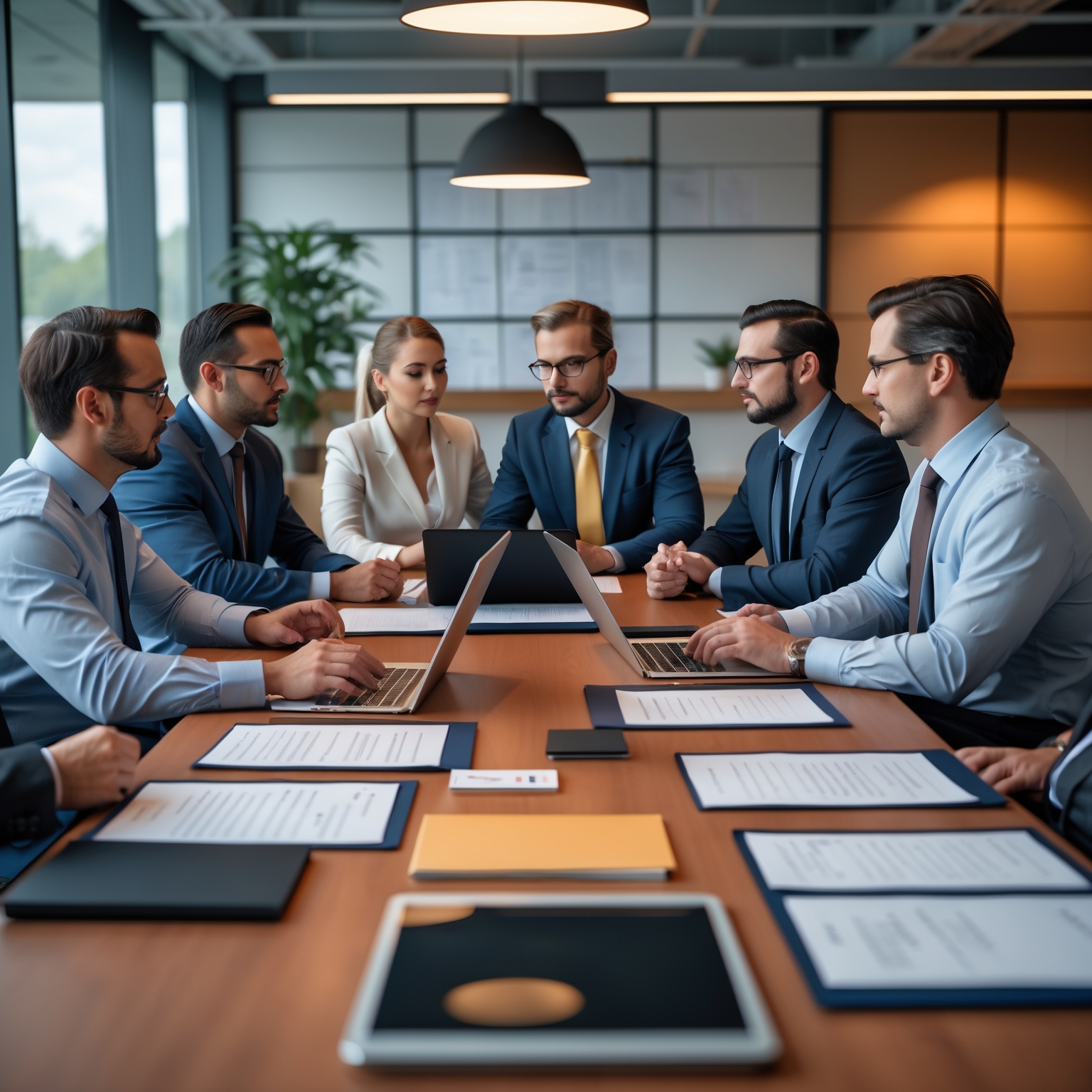 Experienced public adjuster team in a modern office setting discussing insurance strategy