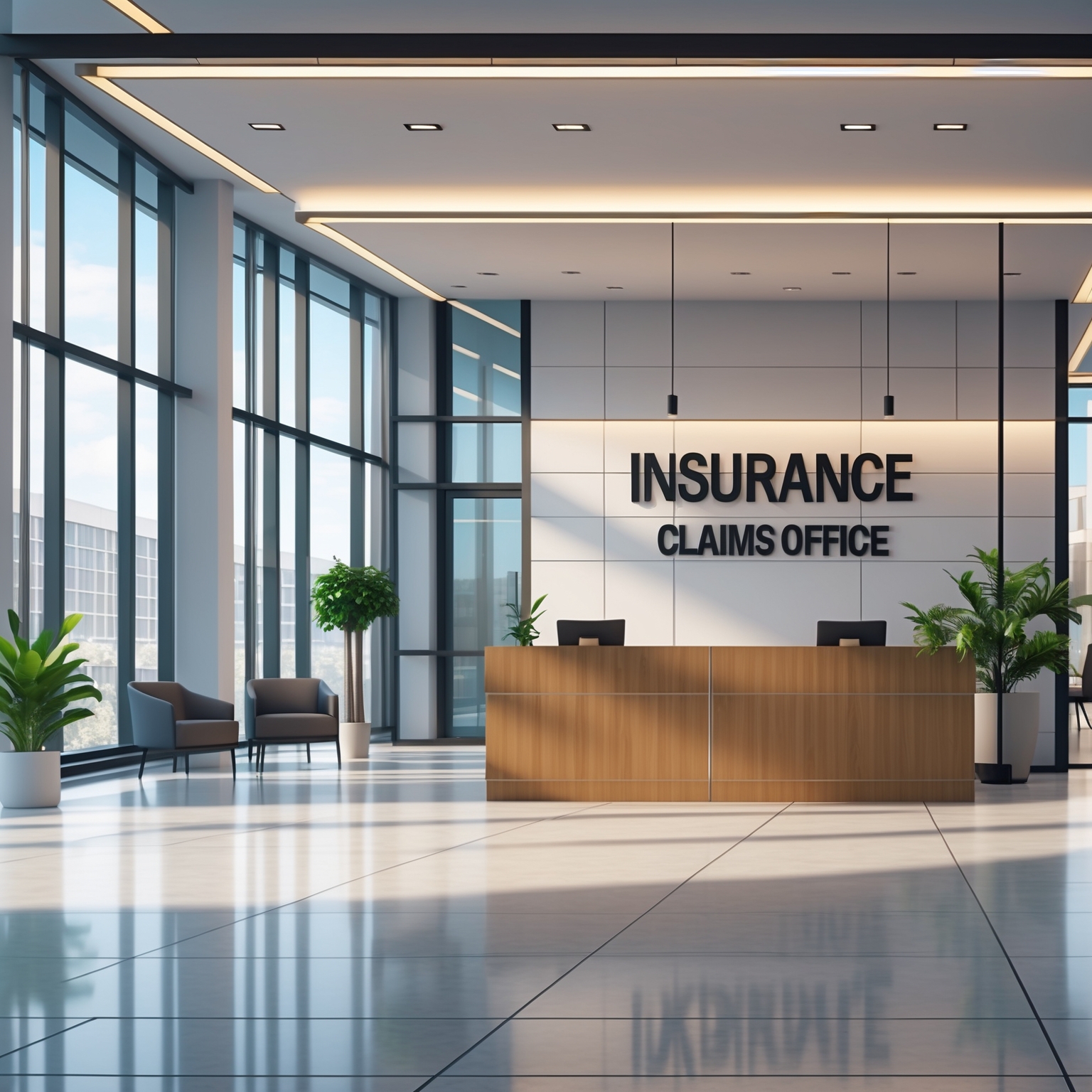 Professional insurance claims office with modern corporate reception area