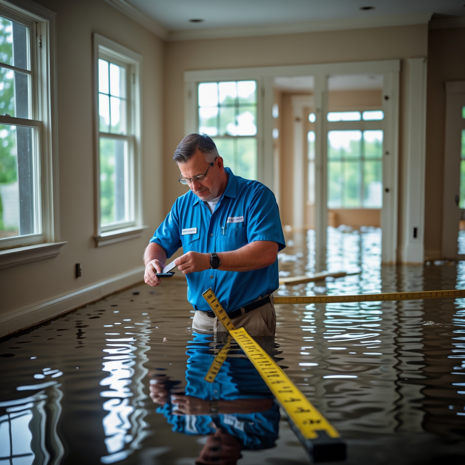 Professional flood damage assessment being conducted by insurance specialist with measuring equipment