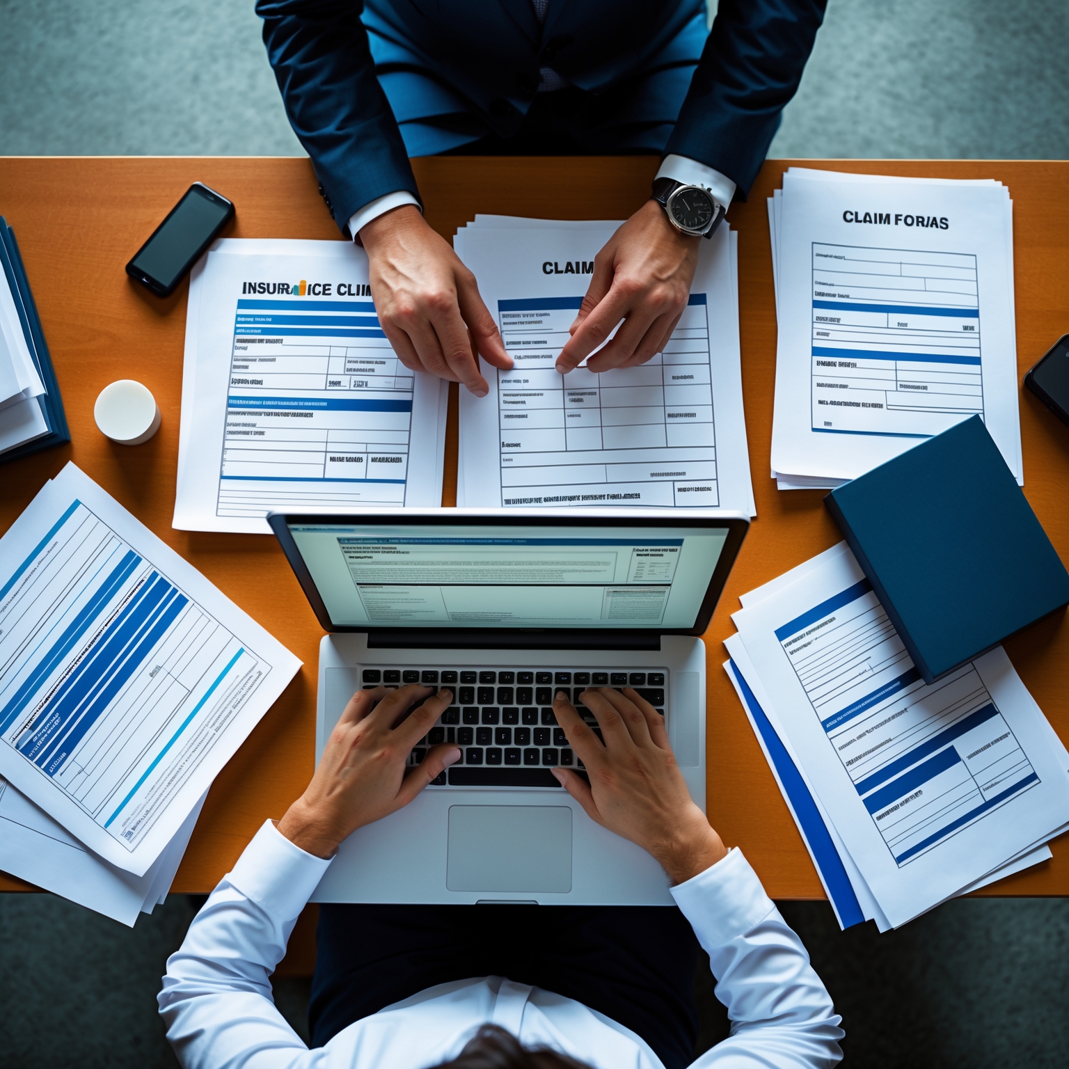 Insurance claims paperwork review on modern desk