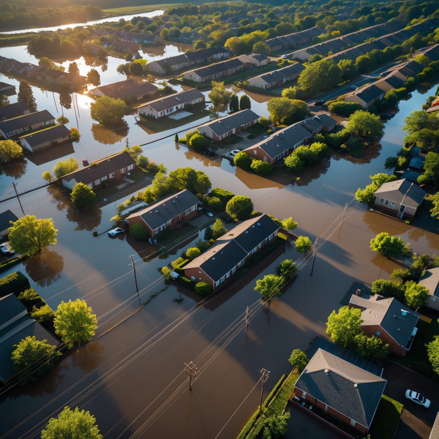 Aerial view of flood damaged residential neighborhood with standing water